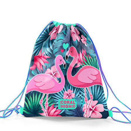 Coral High Kids Neon Mercan Su Yeşili Flamingo Desenli İpli Büzgülü Sırt Çantası 22484