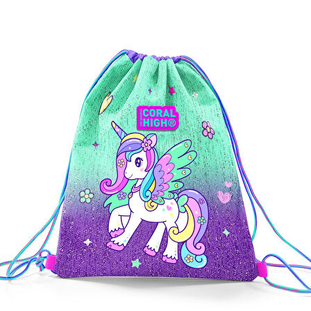 Coral High Kids Mor Su Yeşili Unicorn Desenli İpli Büzgülü Sırt Çantası 22691