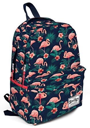 Coral High Üç Gözlü Yeşil-Pembe Flamingo Desenli Okul ve Günlük Sırt Çantası - 15,6 inc Laptop Bölmeli
