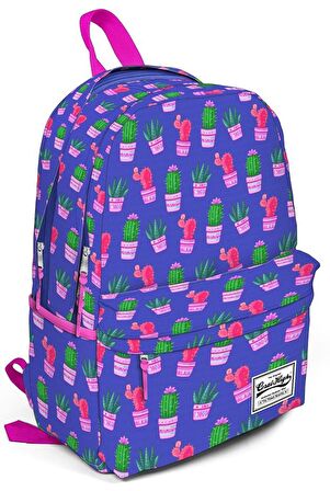 Coral High Üç Gözlü Mavi-Pembe Saksıda Kaktüs Desenli Okul ve Günlük Sırt Çantası - 15,6 inc Laptop Bölmeli