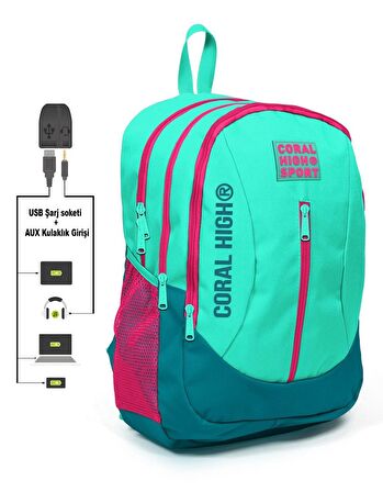 Coral High Sport Yeşil-Pembe Okul ve Günlük Sırt Çantası - USB ve AUX Çıkışlı