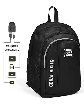 Coral High Sport Beş Gözlü Siyah Okul ve Günlük Sırt Çantası - Laptop+Tablet Bölmeli