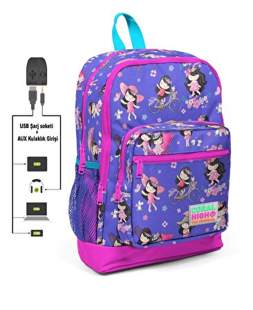 Coral High Kids Dört Gözlü Kız Çocuk İlkokul Çantası - Bisikletle Gezinti - USB+AUX Soketli