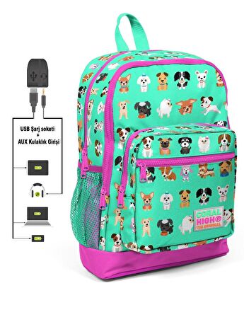Coral High Kids Dört Gözlü Çocuk İlkokul Çantası - Sevimli Köpekler- USB+AUX Soketli