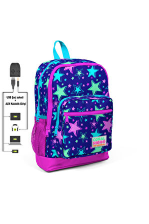 Coral High Kids Saks Yıldız Desenli USB Şarjlı Kulaklık Çıkışlı Okul Sırt Çantası 23271