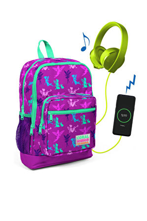 Coral High Kids Koyu Pembe Peri Desenli  USB Şarjlı Kulaklık Çıkışlı Okul Sırt Çantası 23274