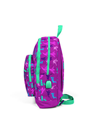 Coral High Kids Koyu Pembe Peri Desenli  USB Şarjlı Kulaklık Çıkışlı Okul Sırt Çantası 23274