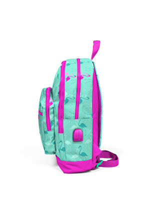 Coral High Kids Su Yeşili Flamingo Desenli USB Şarjlı Kulaklık Çıkışlı Okul Sırt Çantası 23275