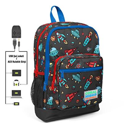 Gri Uzay Desenli Dört Bölmeli USB Bağlantılı Erkek Çocuk Okul Sırt Çantası