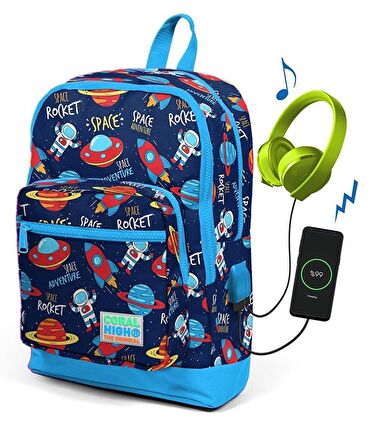 Coral High Kids Lacivert Uzay Desenli Usb Şarjlı Kulaklık Çıkışlı Okul Sırt Çantası 23280