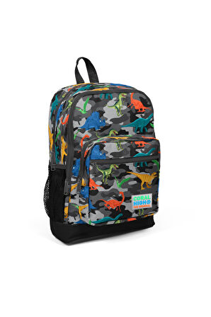 Coral High Kids Gri Dinozor Desenli USB Şarjlı Kulaklık Çıkışlı Okul Sırt Çantası 23286