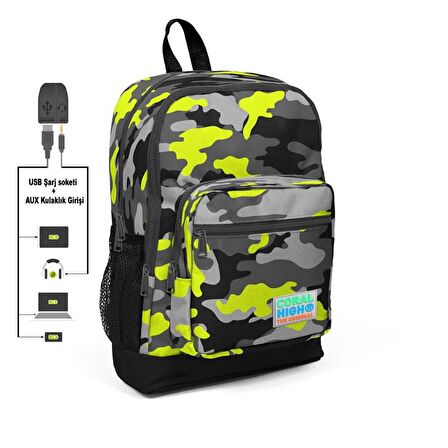 Gri Kamuflaj Desenli Dört Bölmeli USB Bağlantılı Erkek Çocuk Okul Sırt Çantası