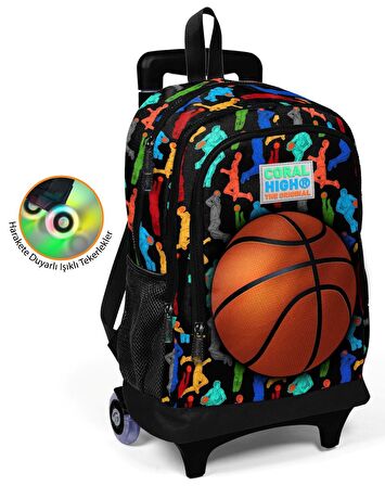 Coral High Basketbolcu Baskılı Çekçek Okul Çantası - Işıklı Tekerlekler