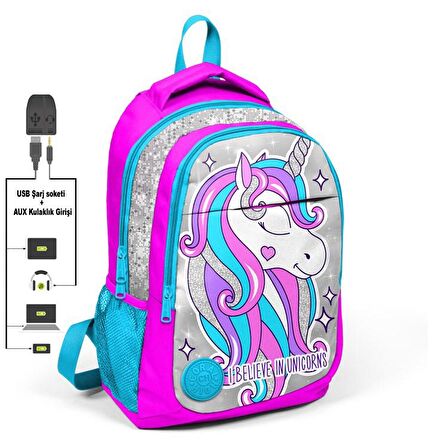 Gümüş Simli Kumaşlı Unicorn Desenli Üç Bölmeli USB Bağlantılı Kız Çocuk Okul Sırt Çantası