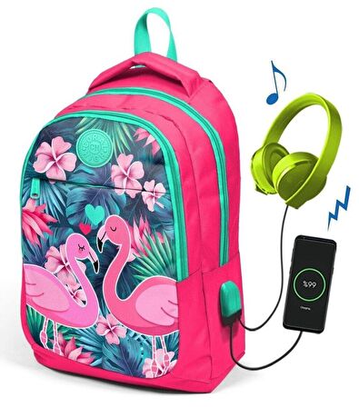 Coral High Kids Flamingolar İlk ve Ortaokul Sırt Çantası - USB ve AUX Çıkışlı