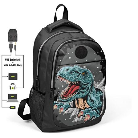 Gri Dinazorlu Üç Bölmeli USB Bağlantılı Erkek Çocuk Okul Sırt Çantası