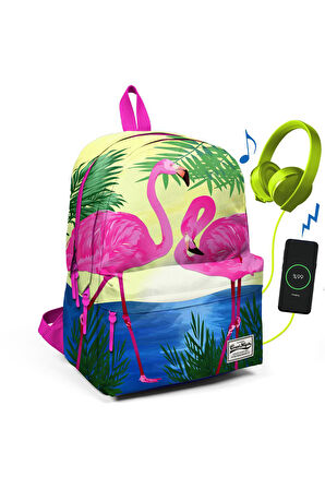 Coral High Pembe Flamingolu Üç Bölmeli USB Şarjlı Kulaklık Çıkışlı Sırt Çantası 23424