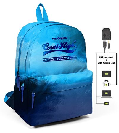 Coral High Mavi Degradeli Üç Gözlü Okul ve Günlük Sırt Çantası - USB+AUX Soketli