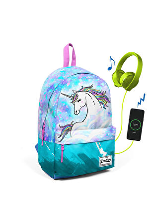 Coral High Derin Mavi Unicornlu İki Bölmeli USB Şarjlı Kulaklık Çıkışlı Sırt Çantası 23429