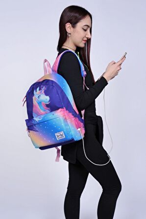 Coral High Renkli Unicorn Desenli Sırt Çantası - Okul ve Günlük - USB+AUX Soketli