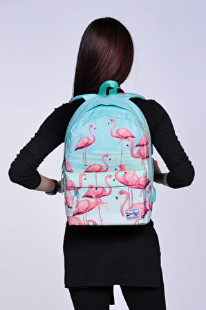 Coral High Su Yeşili Flamingolu İki Bölmeli USB Şarjlı Kulaklık Çıkışlı Sırt Çantası 23432