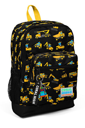 Coral High Kids Siyah Sarı İş Makinesi Desenli Dört Bölmeli Okul Sırt Çantası 23475