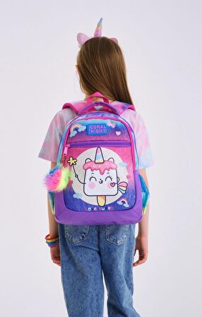 Coral High Üç Gözlü Kız Çocuk İlk ve Orta Okul Çantası - Pembe Unicorn Dondurma