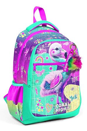 Coral High Kids Pembe Su Yeşili Flamingo Desenli Üç Bölmeli Okul Sırt Çantası 23647