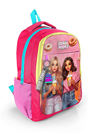 Coral High Kids Pembe Neon Mercan Fashion Girl Desenli Üç Bölmeli Okul Sırt Çantası 23669