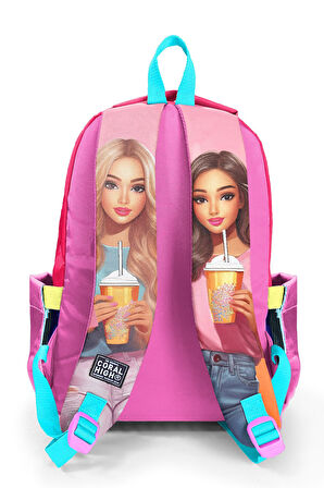 Coral High Kids Pembe Neon Mercan Fashion Girl Desenli Üç Bölmeli Okul Sırt Çantası 23669