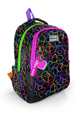 Coral High Kids Çok Renkli Kalp Desenli Üç Bölmeli Okul Sırt Çantası 23670