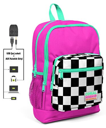 Coral High Pembe Damalı İlkokul ve Günlük Sırt Çantası - Kız Çocuk - USB ve AUX Soketli