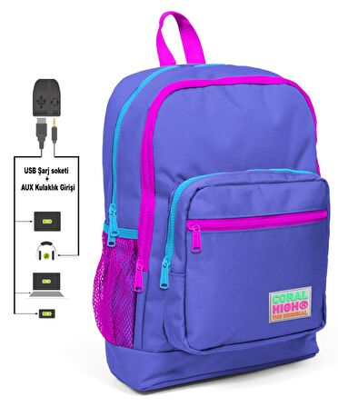 Coral High Pembe-Mor İlkokul ve Günlük Sırt Çantası - Kız Çocuk - USB ve AUX Soketli