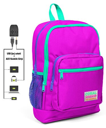 Coral High Pembe İlkokul ve Günlük Sırt Çantası - Kız Çocuk - USB ve AUX Soketli