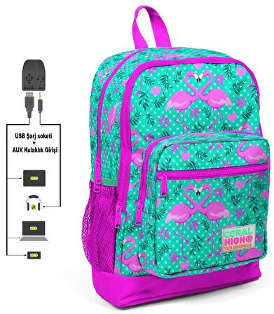 Coral High Pembe Flamingo Desenli Usb Şarj ve Kulaklık Çıkışlı Okul Sırt Çantası