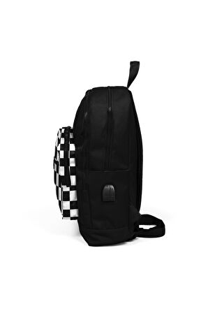 Coral High Kids Dört Bölmeli Siyah Dama Desenli İlkokul Çantası USB Şarjlı Kulaklık Çıkışlı 23814