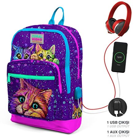 Coral High Mor Kediler İlkokul ve Günlük Sırt Çantası - Kız Çocuk - USB Soketli
