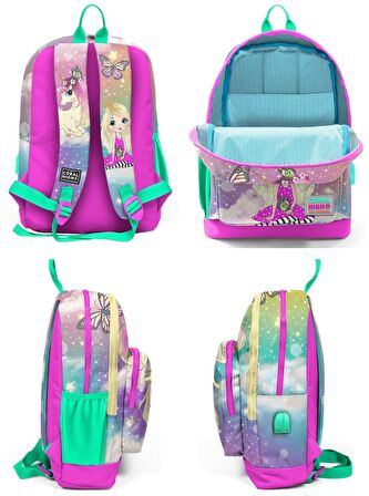 Coral High Yeşil Pembe Unicorn ve Prenses İlkokul ve Günlük Sırt Çantası - Kız Çocuk - USB Soketli