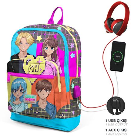 Coral High Mavi Anime İlkokul ve Günlük Sırt Çantası - Kız Çocuk - USB Soketli