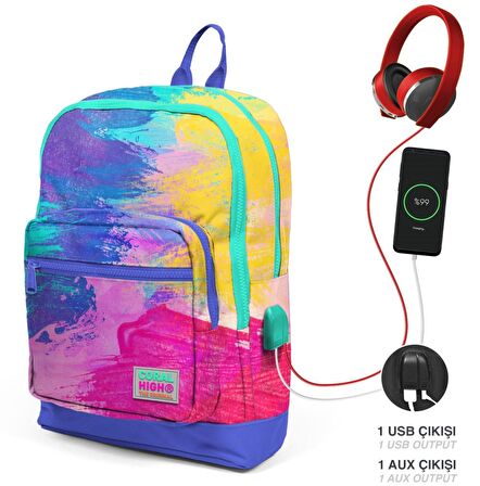 Coral High Renkli Fırça Darbeleri İlkokul ve Günlük Sırt Çantası - Kız Çocuk - USB Soketli