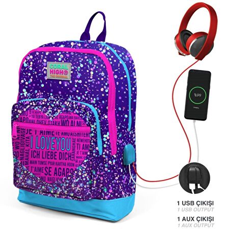 Coral High Mor Pembe Kalp İlkokul ve Günlük Sırt Çantası - Kız Çocuk - USB Soketli