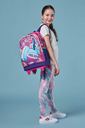 Coral High Kids Pembe Mor Voleybol Desenli Üç Bölmeli Çekçekli Okul Sırt Çantası 23961