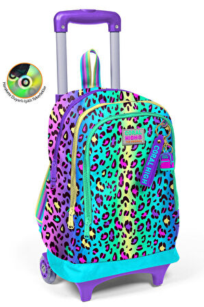 Coral High Kids Renkli Leopar Desenli Üç Bölmeli Çekçekli Okul Sırt Çantası 23969