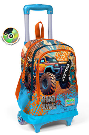Coral High Kids Mavi Turuncu High Wheels Truck Desenli Üç Bölmeli Çekçekli Okul Sırt Çantası 23978