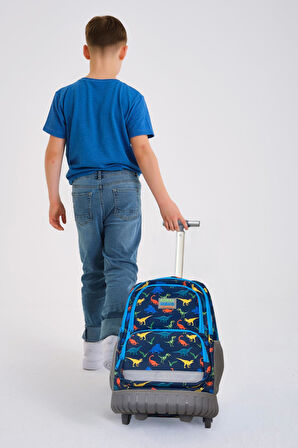 Coral High Kids Dinozor Desenli, Lacivert Renkli, İki Kademeli Çekçekli, Sırt Ve Okul Çantası 24024