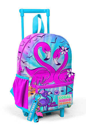 Minik Yuva Çekçekli Sırt Çantası Mavi Pembe Flamingo Desenli İki Bölmeli 24030