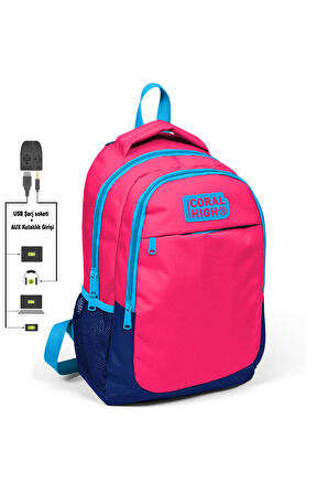 Coral High Kids Neon Mercan Üç Bölmeli USB Şarjlı Kulaklık Çıkışlı Sırt Çantası 24306
