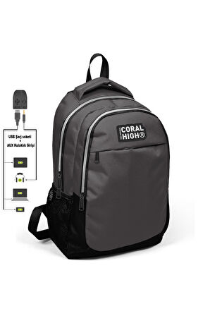 Coral High Kids Koyu Gri Üç Bölmeli USB Şarjlı Kulaklık Çıkışlı Sırt Çantası 24307
