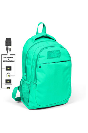 Coral High Kids Su Yeşili Üç Bölmeli USB Şarjlı Kulaklık Çıkışlı Sırt Çantası 24309