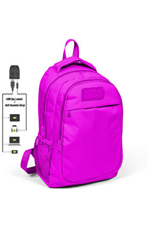 Coral High Kids Pembe Üç Bölmeli USB Şarjlı Kulaklık Çıkışlı Sırt Çantası 24310
